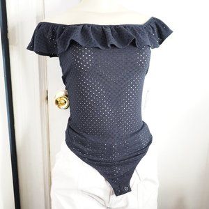EYELET LACE RUFFLE OFF THE SHOULDER THONG BODYSUIT